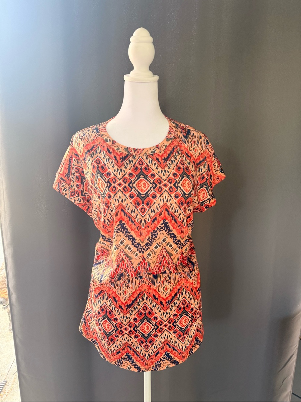 Boho Chevron Print Short Sleeve Top - Coral